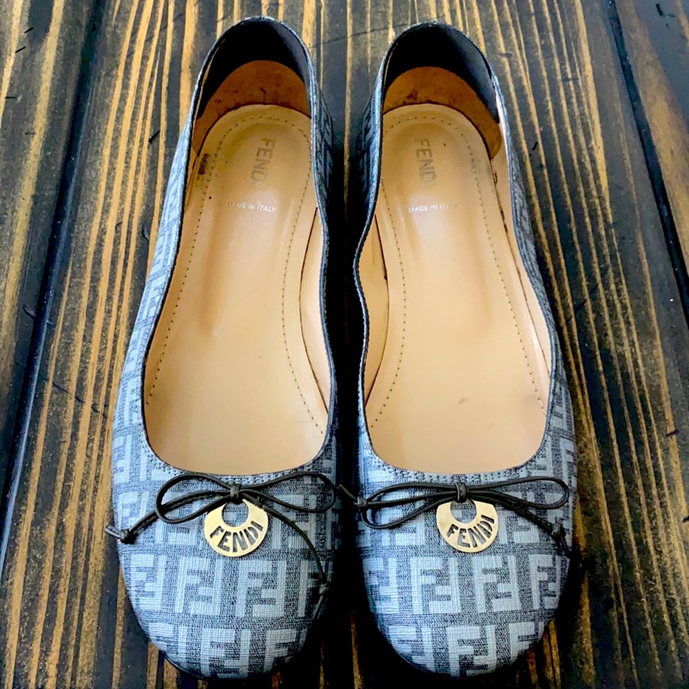 FENDI silver zucca ballerina flats.